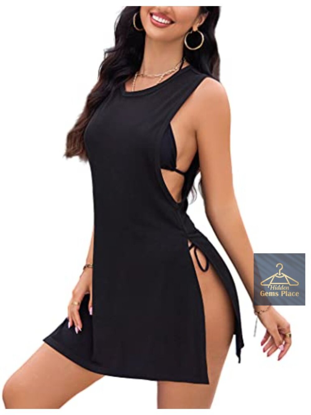 Women's Knit Tank Swimsuit Cover-Up Dress Side Slit Beach Coverup